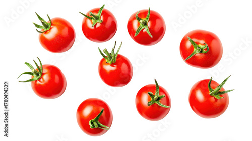 Red cherry tomatoes with green stems isolated on a transparent background