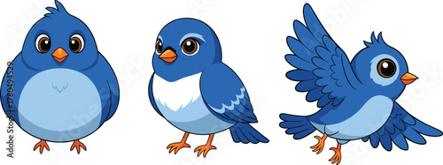 Cute blue cartoon birds, adorable flying and standing bird characters, vector animal illustration, children art, wildlife design, isolated colorful drawing