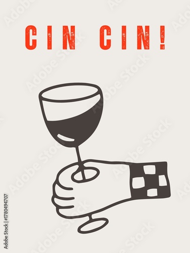 Cin Cin Minimal Wine Glass Illustration, Italian Wine Art Print, Modern Kitchen Wall Decor, Aesthetic Wine Postcard with Funny Quote, Notebook Cover
