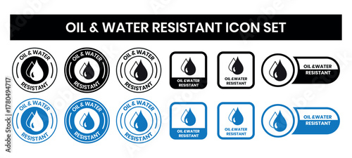 Oil and Water Resistant Logo Badge – Vector Icon for Business Information and Product Labels. Oil and Water Resistant icon, sticker, label, emblem, stamp, symbol, black, line, flat vector.
