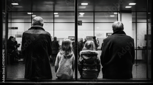 Two adults and two children sitting inside a waiting room separated by glass panels looking forward in black and white photograph with reflections and seated people in background