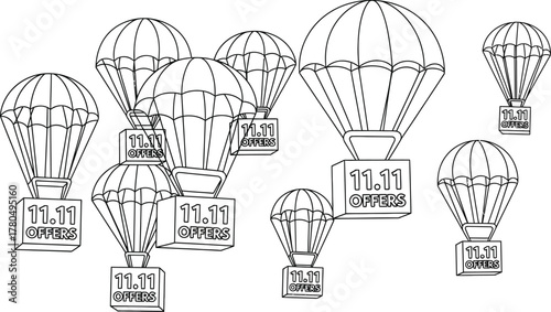 A group of parachutes with boxes attached labeled eleven eleven offers in a black and white drawing