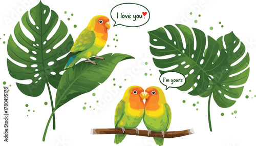 Romantic lovebird couple with tropical leaves illustration, colorful parrots saying I love you and I’m yours, vector art design