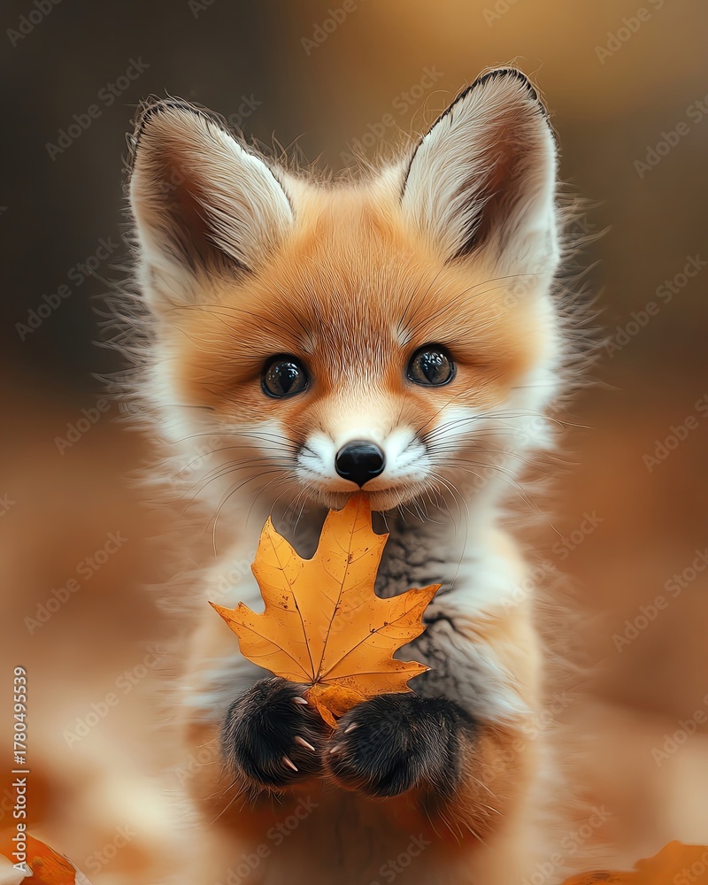Obraz premium Cute fox holding a colorful autumn leaf.