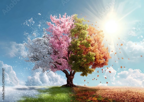 A composite tree showcasing four seasons, from winter on the left to autumn on the right, under the sun
