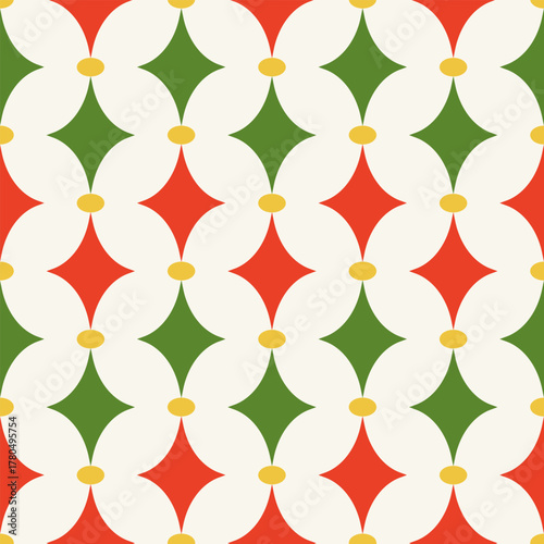Christmas holiday seamless pattern with red and green rhombuses. Vector flat background in vintage mid century modern style