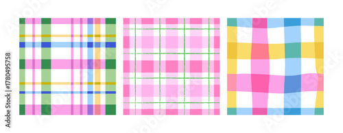 Set of geometric checkered seamless patterns with various colorful stripes. Contemporary modern gingham vector background