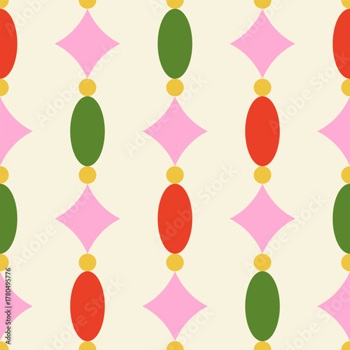 Geometric seamless pattern with holiday christmas decorations. Vector flat background in vintage mid century modern style