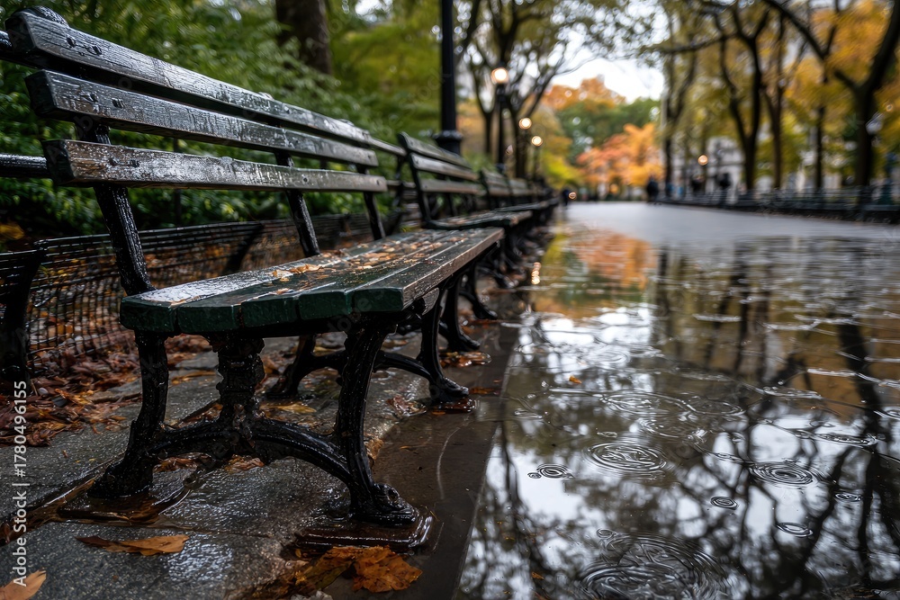 Fototapeta premium Rain-soaked park scene featuring benches in a row, reflecting wet pathway; autumn colors