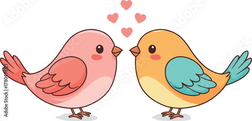 Cute cartoon love birds illustration, romantic couple of colorful birds with hearts, adorable vector design for Valentine's Day art