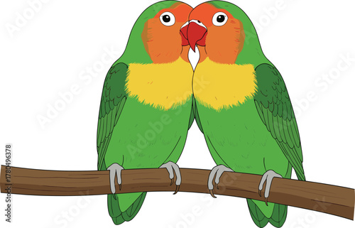 Two colorful lovebirds kissing on branch, romantic tropical parrot couple illustration, adorable affectionate birds vector design for love theme