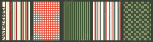 Retro whimsical geometric backgrounds set with stripes, grid and checkered patterns. Vintage vector textures for festive wrapping paper, kitchen textiles, cards, gift tags, or holiday decor.