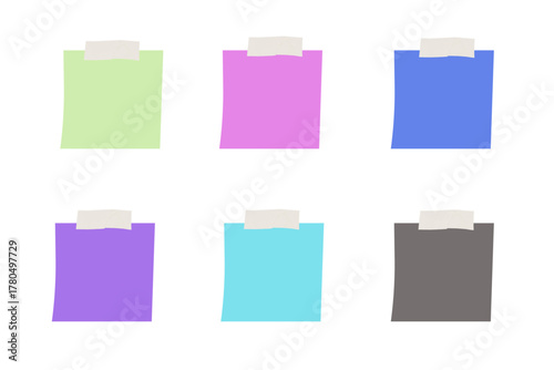 different colored sticky notes taped against wall isolated on white or transparent background 