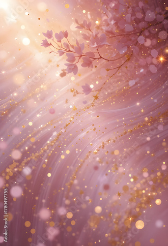 Delicate pastel pink background with golden sparkles and shimmering glow, soft radiance, romantic abstraction
