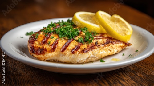 Grilled poultry fillet served on a white dish with fresh lemon slices and herbs