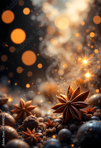 Dark background with black and golden gradients, blurred star anise, shimmering sparks and haze, mystical spicy abstraction