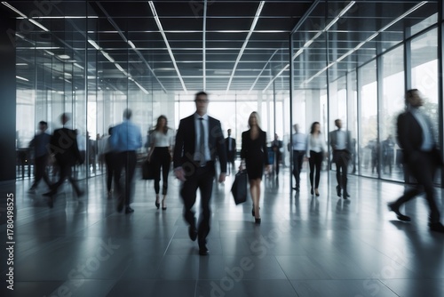 Crowd of business people walking in office fast moving with blurry business