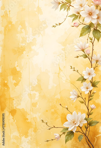 Warm golden yellow background with delicate jasmine flowers on the side, soft light, bright abstraction with floral framing