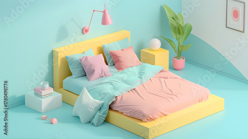 Fototapeta Naklejka Na Ścianę i Meble -  3d Isometric Bedroom bed pillows blanket cozy