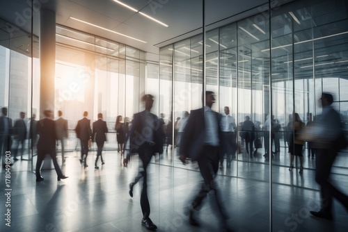Crowd of business people walking in office fast moving with blurry business