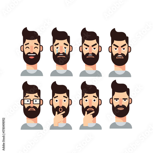 A collection of a bearded mans head showing different facial expressions like happy sad angry and thoughtful.