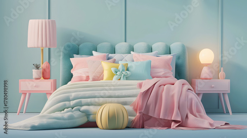 Fototapeta Naklejka Na Ścianę i Meble -  3d Isometric Bedroom bed pillows blanket cozy