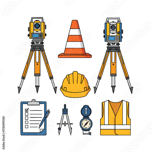 A collection of surveyor and civil engineering equipment icons including a theodolite on a tripod a hard hat a safety vest and a traffic cone.