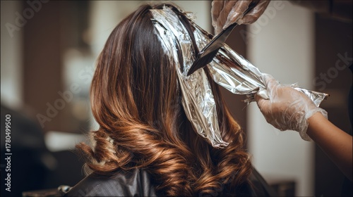 Professional stylist applies metallic wrap during hair lightening procedure on client