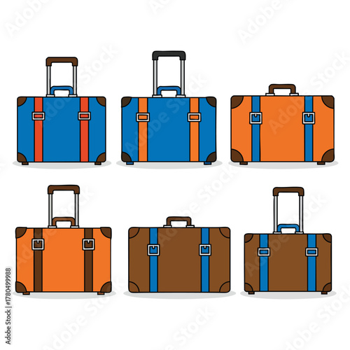 A colorful collection of six retrostyle travel suitcases and trolley bags with straps and wheels.