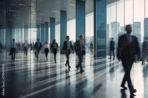 Crowd of business people walking in office fast moving with blurry business