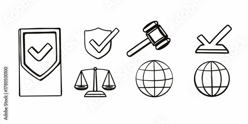 Collection of law and justice related icons including shields scales gavel and globes in black outline style on transparent background
