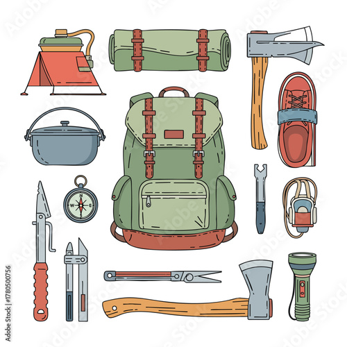 A colorful handdrawn illustration set of vintage camping hiking and survival equipment essentials.