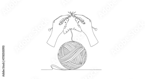 Single line drawing of hands knitting a ball of yarn with a continuous thread, concept of one craft