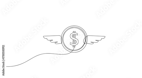 single continuous one line drawing of a winged money coin, a symbol of financial growth and rapid wealth