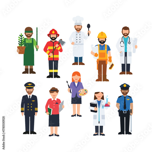 A diverse collection of flat design cartoon characters representing various professions and occupations.