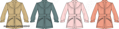Women's belted jacket fashion design flat sketch. Technical drawing of a coat in multiple color options