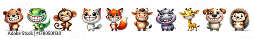 Set of smiling animal cartoon with big teeth cheerful isolated on transparent background.