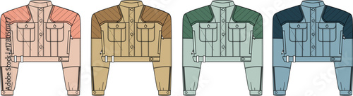 Versatile Vector Illustration Set of a Modern Utility Jacket Showcasing Diverse Color Variations for Fashion Design and Apparel Development Projects
