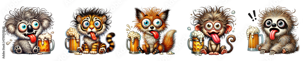 Naklejka premium Funny cartoon animal with beer mug playful illustration for party isolated transparent background.