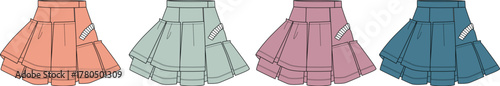 A vibrant collection of pleated skirts in various pastel and bold colors, featuring modern fashion designs and detailed pocket accents, perfect for apparel illustrations and clothing concepts