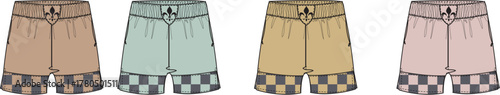 Four different-colored shorts with checkered patterns on the hem