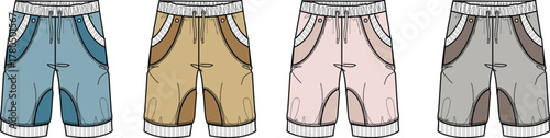 Vector illustration of four pairs of athletic shorts in different colors