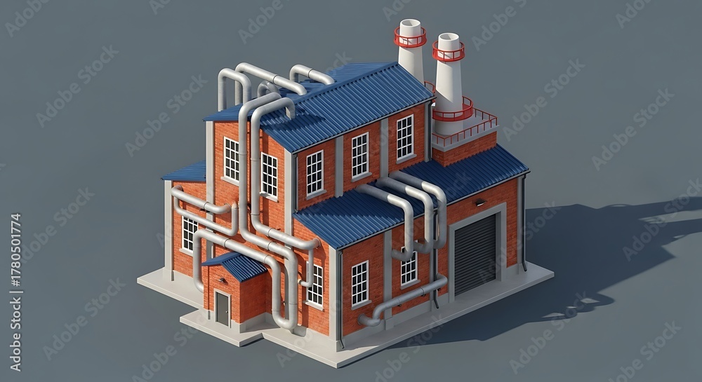 Fototapeta premium Low Poly Factory Illustration with Pipes and Chimneys.