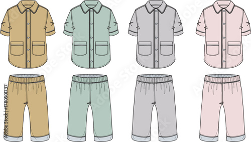 Set of children's sleepwear in four different colors, featuring short-sleeved shirts and elastic waist pants