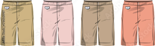 Collection of four beige, pink, and coral colored shorts with elastic waistbands and pocket details, displayed in a row