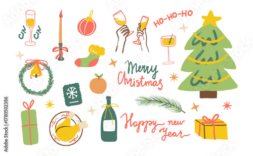A set of hand-drawn holiday illustrations for Christmas and New Year.