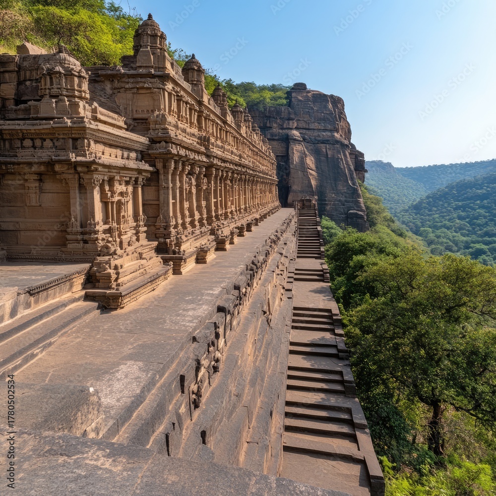 Fototapeta premium A stunning view of historical temples highlights ancient architecture and cultural heritage through intricate stone designs