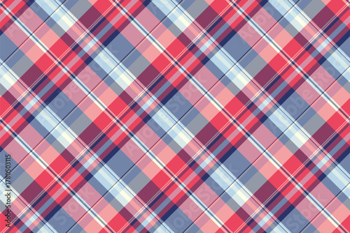Vibrant, versatile plaid pattern. Seamless check design in red, blue and neutral tones, perfect for backgrounds, textiles, or creative projects requiring a classic texture.