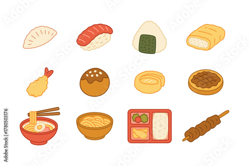 Japanese dishes soft flat color illustration set with gyoza, sushi, onigiri, egg roll, tempura, takoyaki, ramen, bento, satay for restauran, cafes menu and branding. Cute asian cuisine vector pack