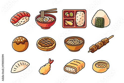 Japanese meals colorful cartoon illustration set for restaurant. Asian street food cuisine vector element design pack. Sushi, ramen, bento box and snacks doodle collection for cafes menu and branding